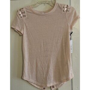Dex Juniors Women’s Pink Icing Lace-Up Poly-Linen Blend T-Shirt Top Size XS